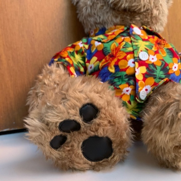 Build-A-Bear Bear, tan curly fur and nose, black smooth paw pads. Floral shirt - Picture 10 of 10